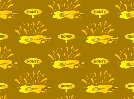 Seamless pattern Honey spot, splash with wooden spoon and message with text Honey on brown background. As print for gift paper, package for honey shop, label of beekeeping products.のイラスト素材