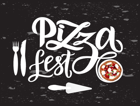 Hand drawn modern calligraphy lettering Pizza Fest with illustration of pizza, fork, knife on chalkboard.のイラスト素材