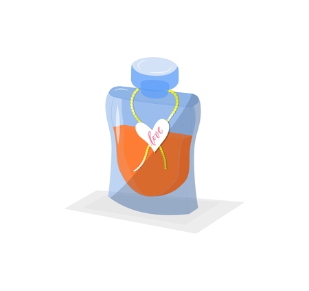Flat illustration of perfume bottle with heart with text love. As template of print, icon, element of logo for shop, label.Vector. Isolatedのイラスト素材