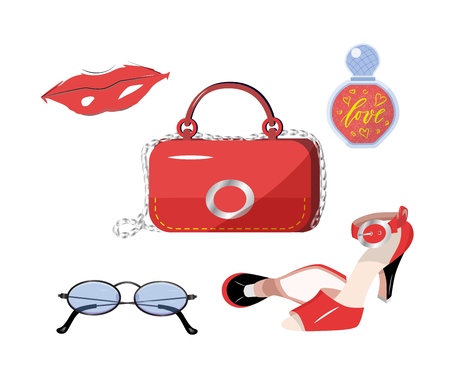 Illustration for vector fashion set of shoes, bag, parfume, eye glasses, lips. Trend glamour fashion illustration kit vogue style. Flat design. - Royalty Free Image