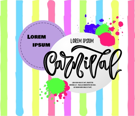 composition of carnival hand calligraphy lettering inscription on colorful striped background. vector. Template of label, icon, tag, banner, background, festival poster.のイラスト素材