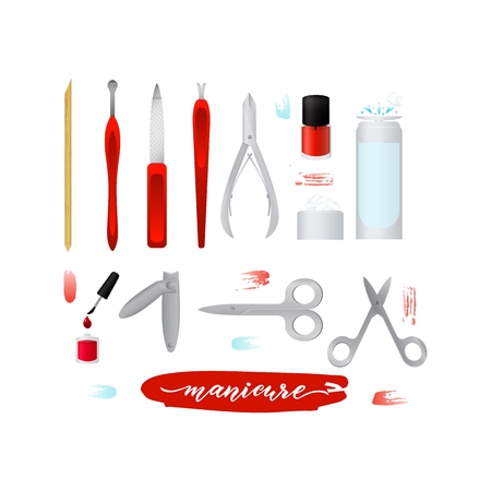 Set collection of manicure accessories. Nail tools, scissors, tweezers, nail polish, files, polish remover, cotton wool. Vector illustration spa salons, body care, studio, service Elementのイラスト素材