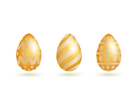 Set of easter golden eggs with different patterns set isolated on white background. Vector illustration. 3D, realistic. Decorotive element.のイラスト素材