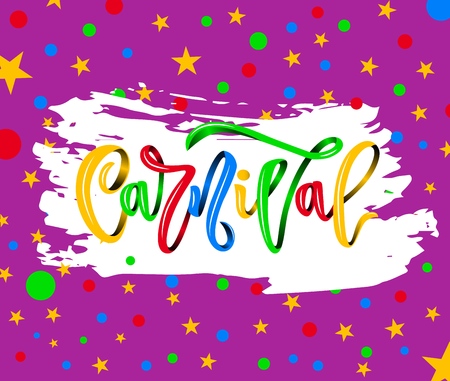 carnival hand calligraphy lettering inscription on purple with watercolor spot. colorful confetti explosion. vector illustration. Label, icon, tag, banner, background, festival poster, carnival partyのイラスト素材