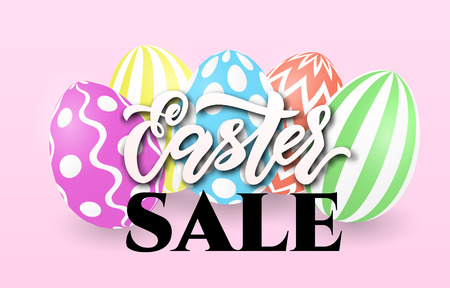 Easter sale banner template with easter colorful eggs on pink background. Vector illustration. Modern lettering. Template of greeting card, promotion, poster, flyer, web-banner, printのイラスト素材