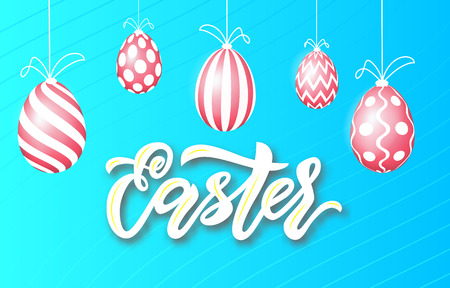 Easter sale banner template with easter pink gold eggs on blue background. Vector illustration. Modern lettering. Template of greeting card, promotion, poster, flyer, web-banner, printのイラスト素材