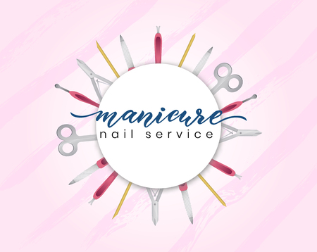 Template for business card with manicure equipment. Hand lettering Manicure. Nail service. nail studio, art school, service, inscription of package product, flyer, banner, brochure. scissorsのイラスト素材