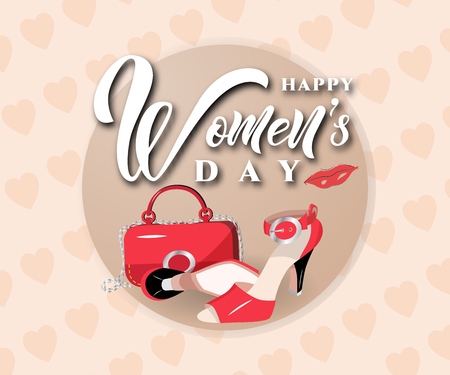 Happy Womens day text design with bag, shoes, lips on pink background with hearts. Vector illustration. As flyer, banner, poster, fashion background. poster, card, bannerのイラスト素材