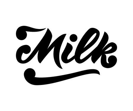 Hand lettering  word Milk. Isolated. Vector. As logotype, text for package product, shop, store, inscription of organic food, yogurt, kefir ice cream labelのイラスト素材