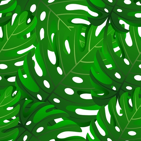 Seamless pattern of green realistic monstera leaves. Graphic design of fashion, interior, wrapping, packaging products. As background, backdrop, print for clothes,towels, fabric, textile website cardのイラスト素材
