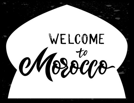 Hand lettering modern calligraphy Welcome to Morocco text on chalkboard. Typography Vector illustration. Print,   badge, icon, card, sticker poster invitation banner templateのイラスト素材