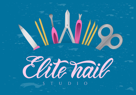 Hand lettering Elite nail studio with tools. Vector   Modern Calligraphy. studio, manicure art school, inscription of package product, flyer, banner, brochure, business cardのイラスト素材