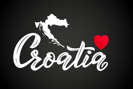 Hand lettering modern calligraphy word Croatia with red heart and silhouette of map. Typography Vector illustration. Print, logo, badge, icon, card, sticker poster invitation banner templateのイラスト素材