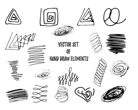 Set of ink hand draw elements square, triangle, circle, heart, spots, spiral, loop, scribble For design pattern Vector llustrationのイラスト素材