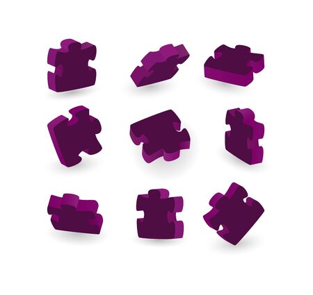 Set of purple puzzle piece 3d isolated different position. Game sign. For web, app. vector illustration. Jigsaw conceptのイラスト素材