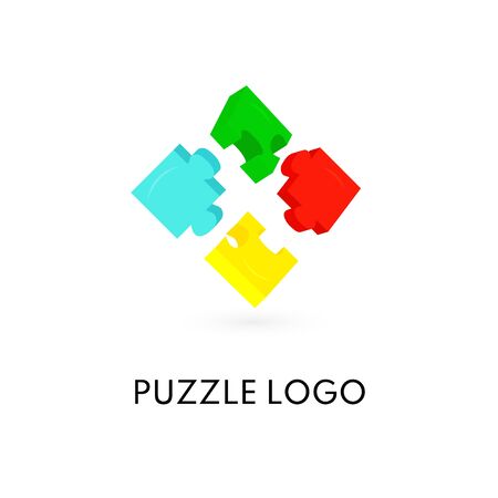 Design of logo puzzle 3D. Colorful red, blue, yellow, green four pieces Isolated On white background. Vector Illustration. For toys store, children shop, business card, icon, web label. Game concept.のイラスト素材