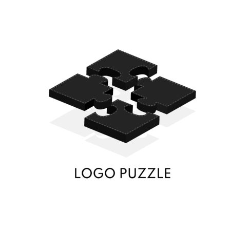 Design of logo puzzle 3D. Black color with shadow. four pieces Isolated On white background. Vector Illustration. For toys store, children shop, business card, icon, web label. Game concept.のイラスト素材