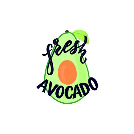 Hand calligraphy lettering fresh avocado on illustration of green fruit. Vector. Handwritten inscription. Design for logo shop, package, banners, cards, stiker, label, printのイラスト素材
