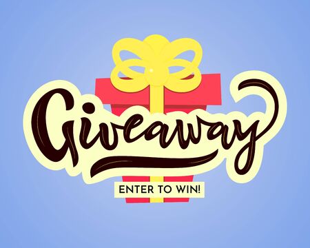 Giveaway Enter to win hand lettering with gift on black. Sale banner for social media and special offer. Vector Modern calligraphy style. Template of web poster, poster for store, shop, card, flyer.のイラスト素材