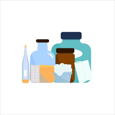 Medicines isolated illustration. Cotton wool, bottle, thermometer, tablets, bandage, jar. Medical icon on white background. Vector elements. Healthcare concept Flat styleのイラスト素材