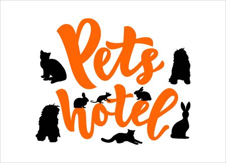 Pets hotel logo with silhouette of cat, dog, rabbit, rat. Orange color. Hand calligraphy lettering. Template of pet club, domestic animal shop, guesthouse, clinic, label, sticker. Vector illustration.のイラスト素材