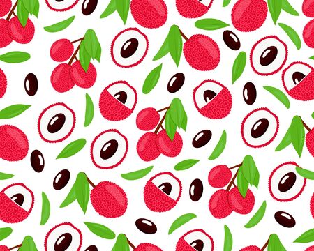 Seamless pattern lychees on branch with leaves, cut halves, seed. On white backdrop. Vector background. As wallpaper, wrapping, print for clothes, fabric textile.のイラスト素材