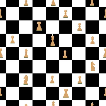 Seamless pattern of chess board with figures. Queen, king, knight, bishop, rook, pawn, horse. Black and white squares. Vector. wallpaper wrapping textile fabricのイラスト素材