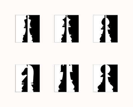 Set icon chess. King, queen, pawn, rook, horse, bishop on black and white squares. Two color. Champion abstract sign. As symbol of logo, print, image for book. Vector illustration.のイラスト素材