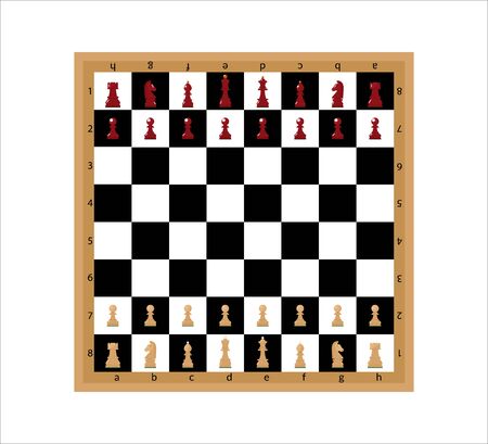 Chess board with figures. vector illustration. Background, icon, image for teaching book. King, queen, pawn, rook, horse, bishop, chessboard Flat style Symbol sign Sport leisure conceptのイラスト素材