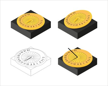 Sundial icon set. Isometric style, outline. Yellow clor. Vector illustration Antique clockのイラスト素材