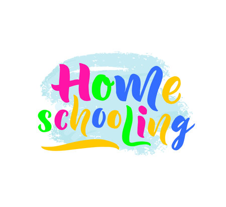Home schooling hand brush lettering. Colorful text. On watercolor blue spot. Online education concept.   kids club of children hobby, print, poster, web banner.Vectorのイラスト素材