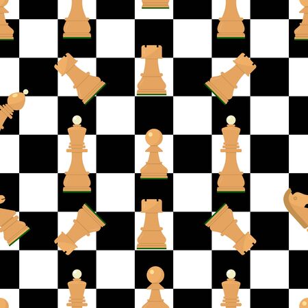 Seamless pattern with chess wooden figures.Brown and white pieces on chessboard. Vector.King, queen, pawn, rook, horse, bishop. Game concept. wallpaper, wrapping background fabric textileのイラスト素材