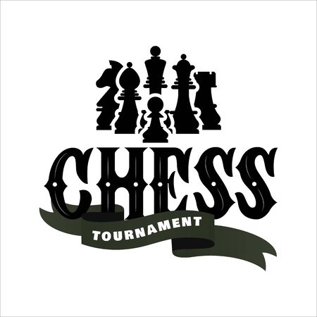 Chess tournament   with illustration of figures on white background. with decorative ribbon. Game sport concept. Vector. Template hobby club, school, web banner, mobile application, business cardのイラスト素材