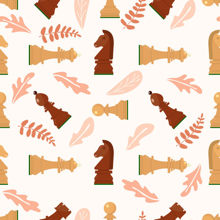 Seamless pattern with chess wooden figures, abstract leaves .Brown and white pieces on pink background. Vector.King, queen, pawn, rook, horse, bishop. Game concept. wallpaper, wrapping fabric textileのイラスト素材