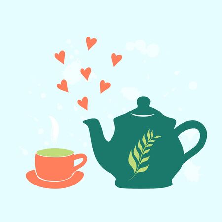 Illustration of hand draw teapot, cup, vapor, leaves,red hearts blue background. Finished design box, pack, business card of company, shop, logo, label. Vector illustration. Tableware Cooking conceptのイラスト素材