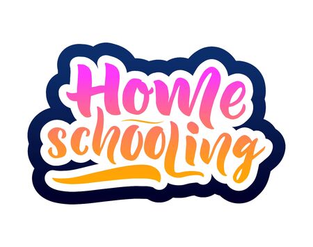 Home schooling hand brush lettering. Colorful text. Online education concept. As logo of virtual school for children, kids club of hobby, print, poster, web banner.Vector illustration.のイラスト素材