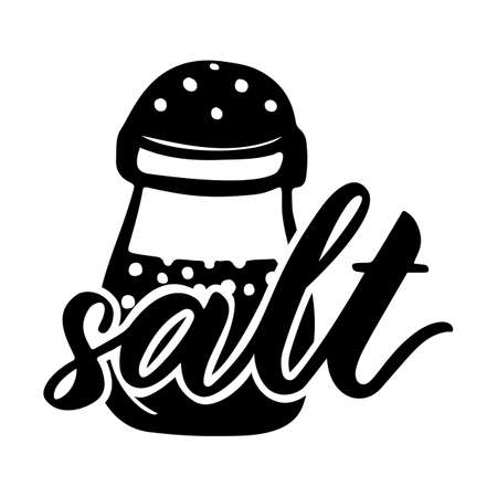 Food pantry custom labels. Container stickers. salt, silhouette of glass jar pot Hand lettering. script. Vector illustration. Kitchen tag for decoration, packaging design. black colorのイラスト素材
