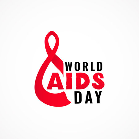 World AIDS day with symbol of realistic red ribbon. Hand texture lettering. 1 december. Healthcare...