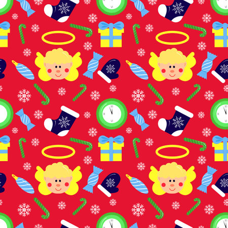 Christmas seamless pattern, on red background. Angel, sock, toy new year tree, snowflake, candy. Winter holidays concept. For wallpaper, scrapbooking, clothes, fabric textile Vector backdropのイラスト素材
