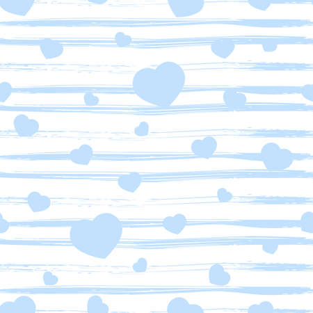Seamless pattern with heart on blue stripes. Striped texture. Valentines day background. Love concept. For wallpaper, gift box, scrapbooking, clothes fabric textile Vector cute backdropのイラスト素材