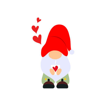 Cute Valentine s Day gnome with sleepers, cup of tea, hearts. Vector illustration. Template for greeting card, label, tag, print for clothes, sleepwear, mug, pillow, crafting, sticker. Cut fileのイラスト素材