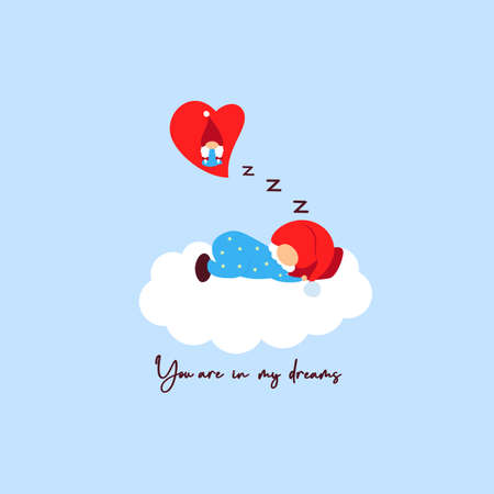 Enamored gnome sleep on cloud dreaming about girl. Red heart. You are in my dreams. On blue background. Vector illustration. Valentines day card. Template of t shirt print, greeting card, valentineのイラスト素材