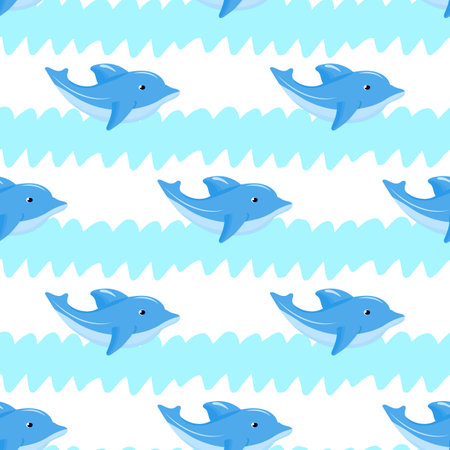 Seamless pattern with funny dolphin, blue waves. Vector background. Baby fabric textile. Summer backdrop. For wrapping, package product, t shirt clothes print. Animal digital paperのイラスト素材