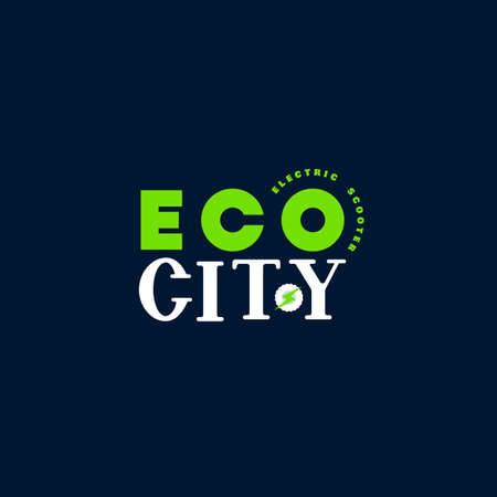 Typographic logo. Ecology concept. Eco city. Electric scooter. Also can use as template for logotype of shop, store. Healthy nature label. Vector. Company name,business card.のイラスト素材