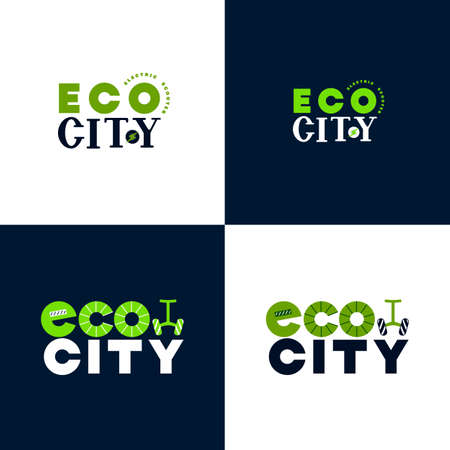 Eco city logo for shop of electric scooter, bicycle. Ecology concept. Vector icon. Hand lettering design. For branding, business card, flyer.のイラスト素材