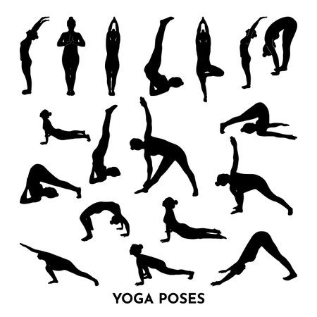 Set of yoga poses. Black woman silhouettes.のイラスト素材
