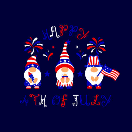 Patriotic gnomes Happy 4th of july with american flag, popcorn, fireworks. Vector illustration. Independence day concept.のイラスト素材