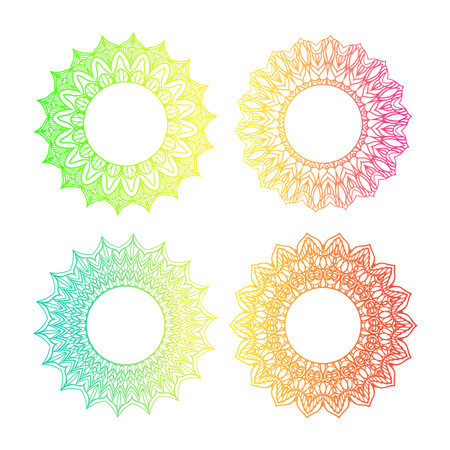 Set of frame gradient mandalas on white background. Green, blue, yellow, red color. Boho concept. Indian yoga template. Vector graphic elements for logo, t shirt print.のイラスト素材