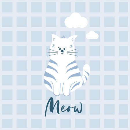 Cat with clouds on checkered background with word meow. Flat design. Vector illustration. As t shirt print, greeting card for kids, children. Lilac colorのイラスト素材