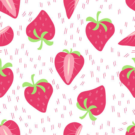 Seamless pattern Strawberry with half berry, stripes. crimson color. Vector background. Clothes print. Sweet fruits. Kids backdrop. Wallpaper, cover wrappingのイラスト素材